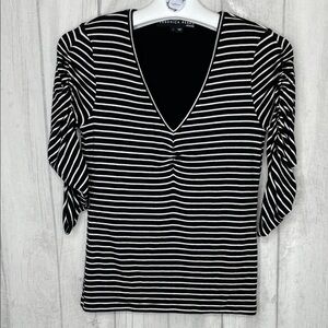 Veronica Beard Clarita Black & White Striped V-Neck Ruched Sleeve Top.
